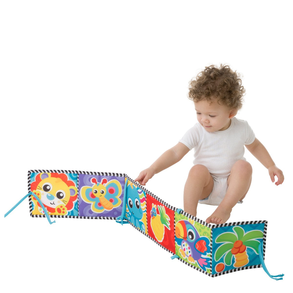 Playgro aktivitetsleketøy, Tummy Time vendbar stoffbok med speil