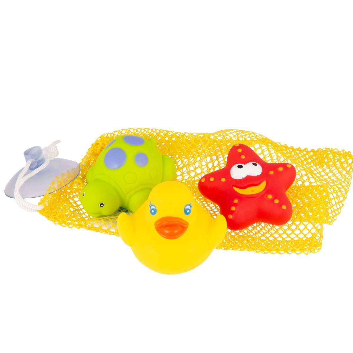 Playgro badelegetøj, badedyr i net med gul svamp, grøn skildpadde, gul and, rød søstjerne