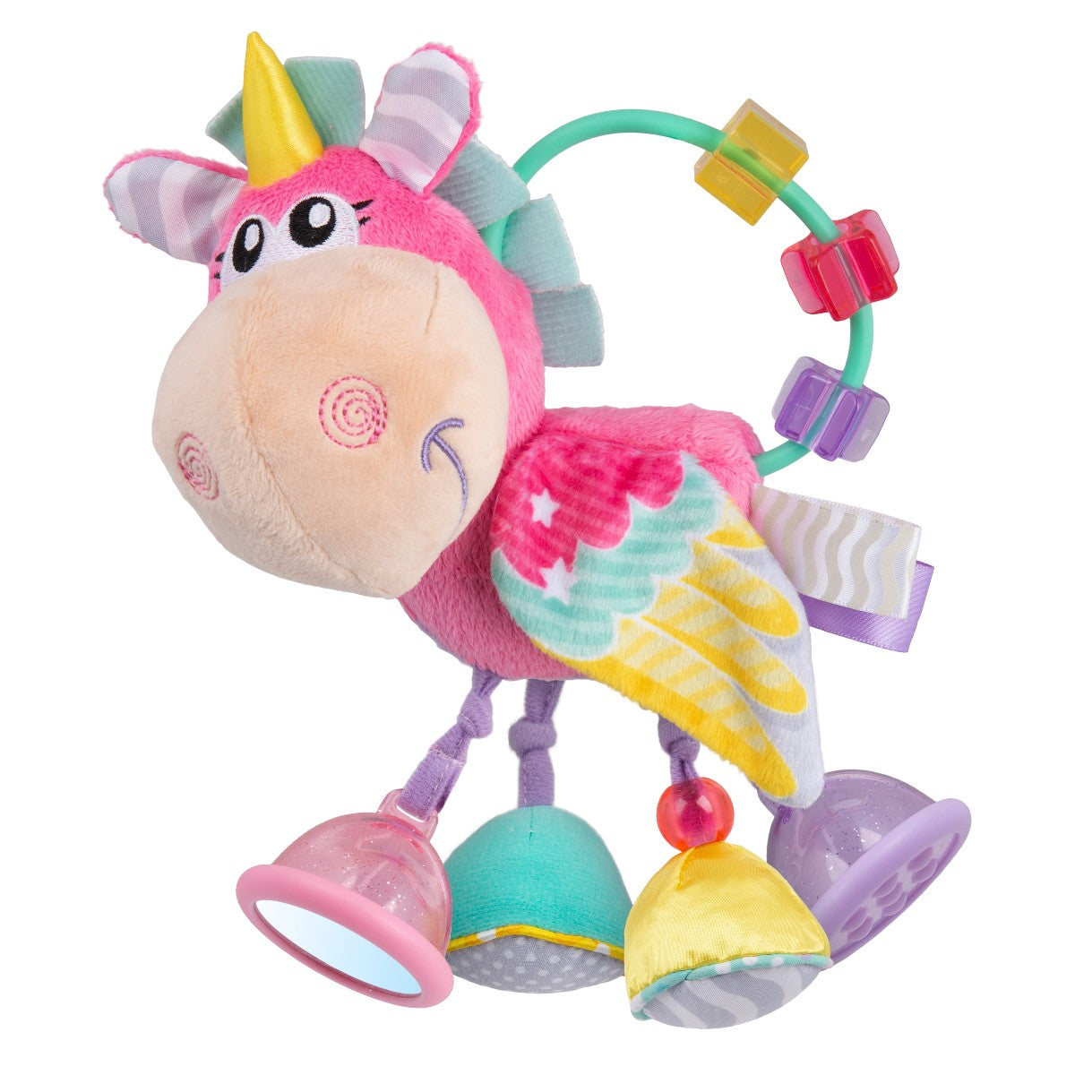 Playgro aktivitetslegetøj, lyserød enhjørning aktivitetsrangle. Blødt babylegetøj med regnbuefarver.