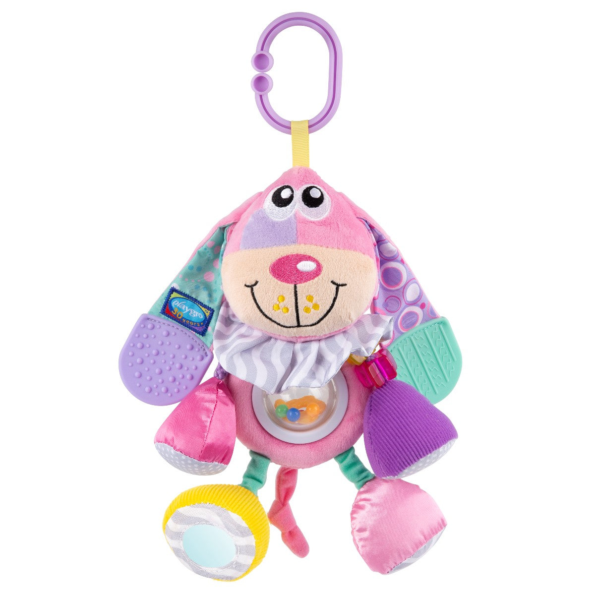 Pink Playgro aktivitetslegetøj, hund med farverige elementer og clips