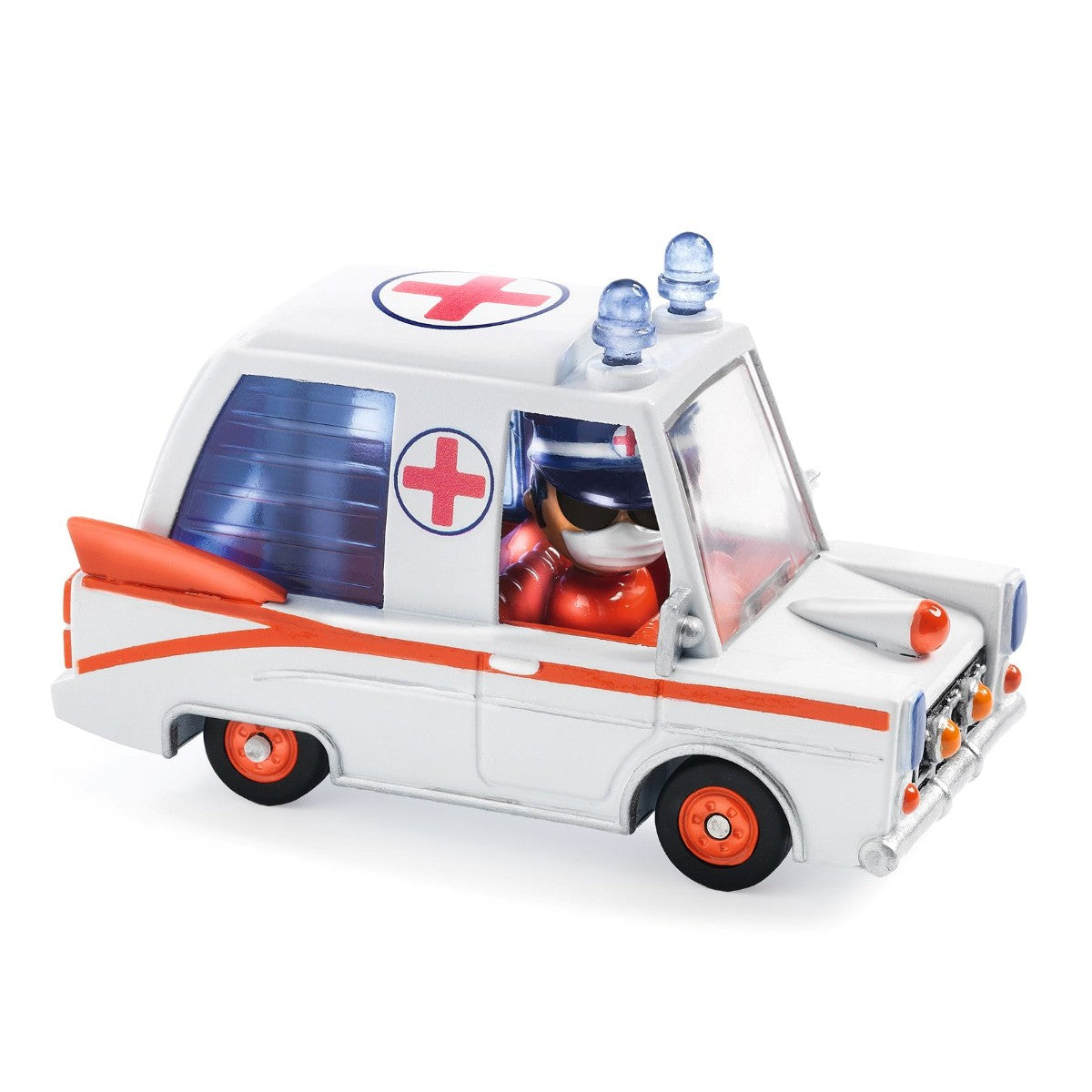 Djeco Crazy Motors Hurry Ambulance legetøjsbil, detaljeret hvid ambulance.