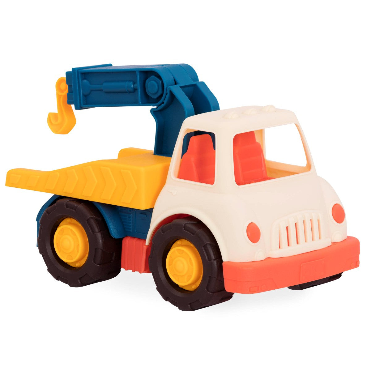 En Wonder Wheels kranbil i creme, blå og orange set fra siden.