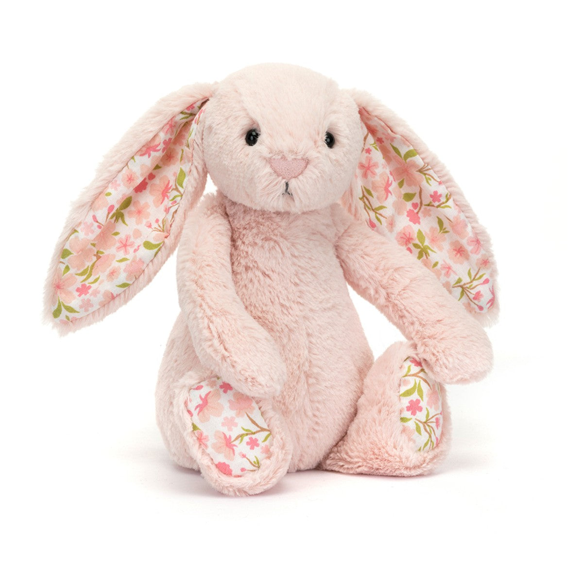 Jellycat bashful Elsie Cherry kaninbamse, 18 cm med blomstret stof i ører og poter
