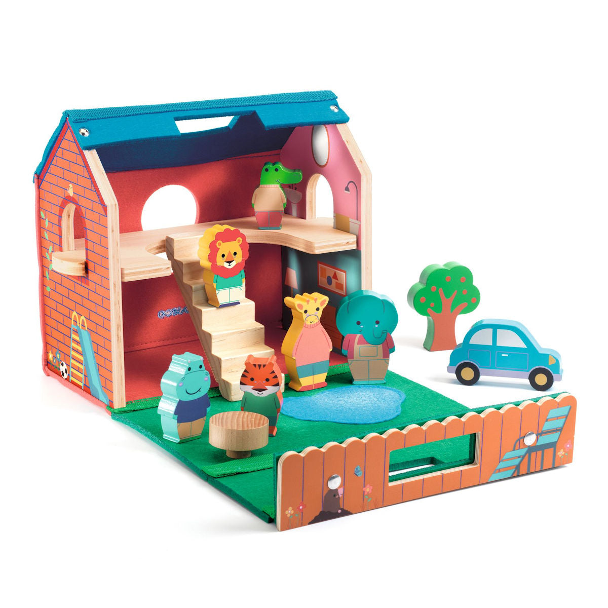 Djeco SoftiHouse med figure, fold-ud dukkehus og tilbehør