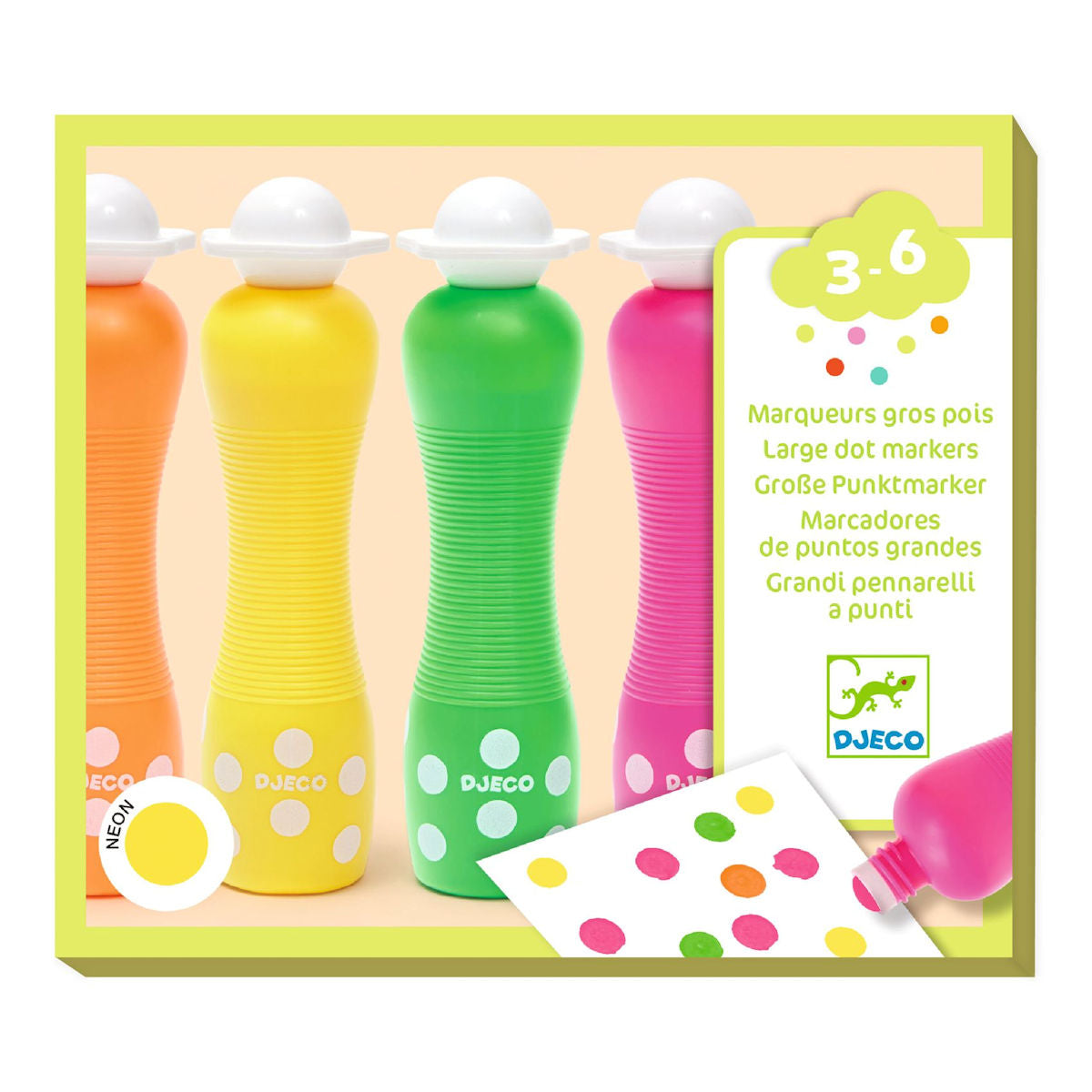 Djeco skum duppetuscher, 4 stk, neonfarver. Orange, gul, grøn, pink.