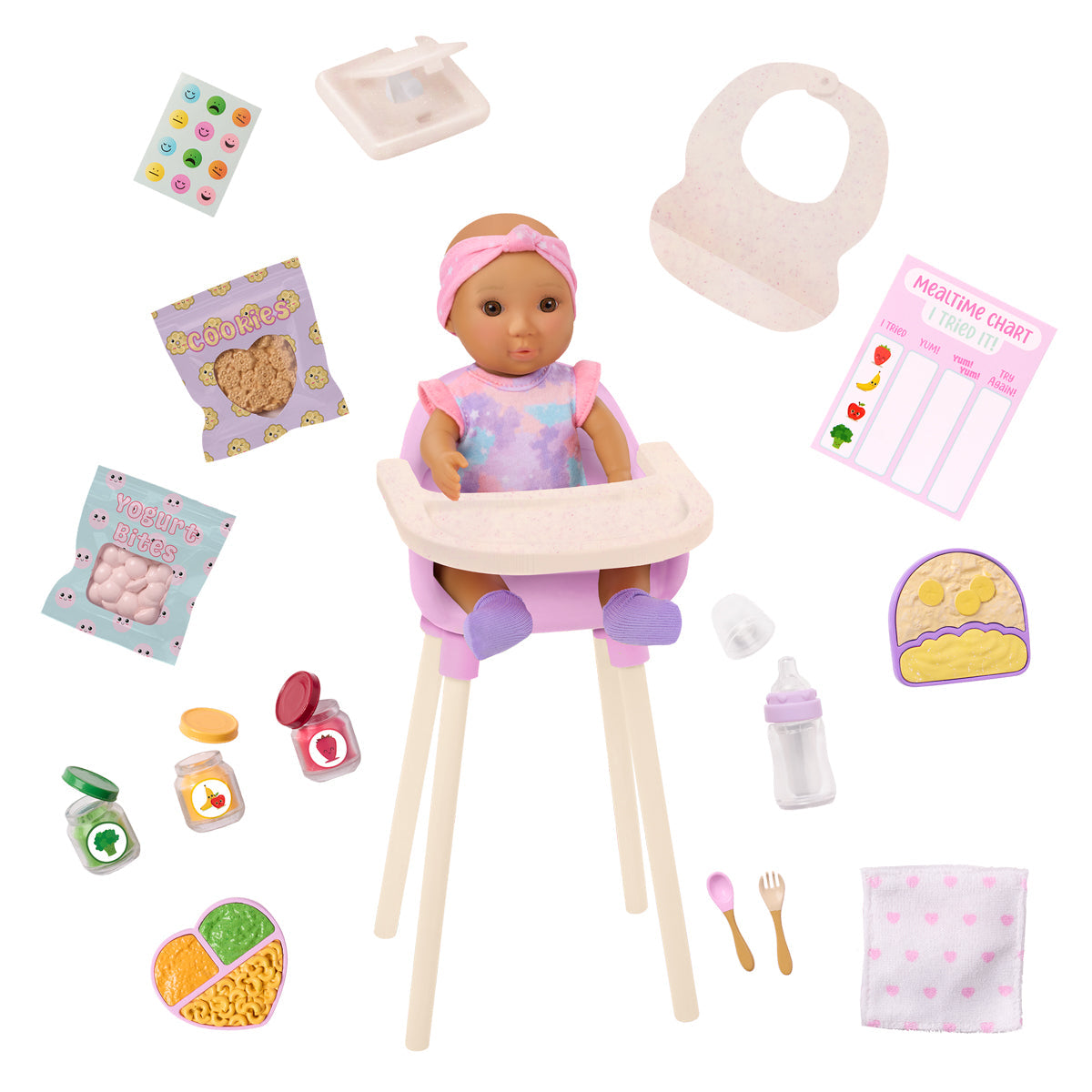Our Generation dukketilbehør til spisetid med babydukke i højstol og legemad