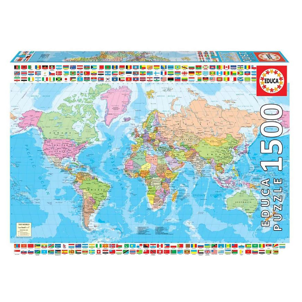Educa puslespil med verdenskort og flag, 1500 brikker, et spændende geografisk tema