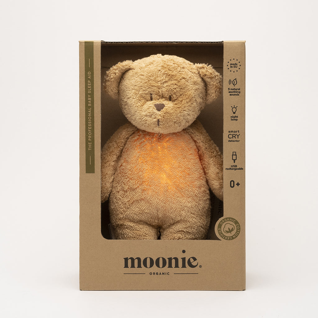 Moonie 2.0, økologisk Humming bjørn med pink noise og lampe - Cappuccino