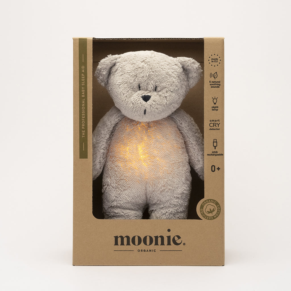 Moonie 2.0, økologisk Humming bjørn med rosa støy og lampe - Grå