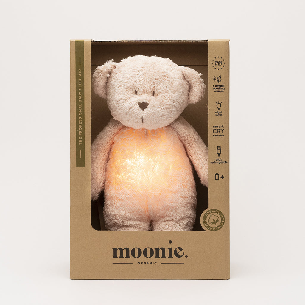 Moonie 2.0, økologisk Humming bjørn med pink noise og lampe - Sand