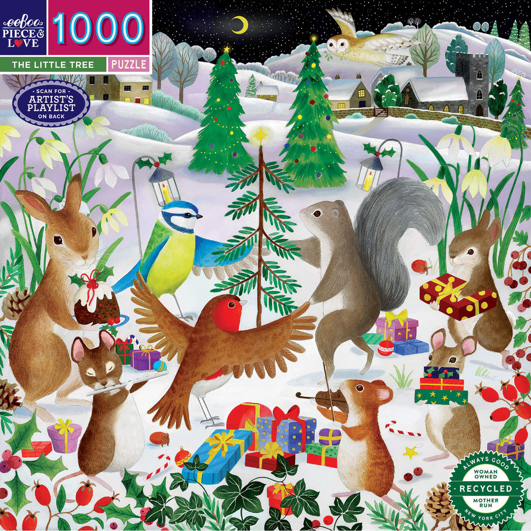 Fugle og egern i sneen på eeBoo julepuslespil