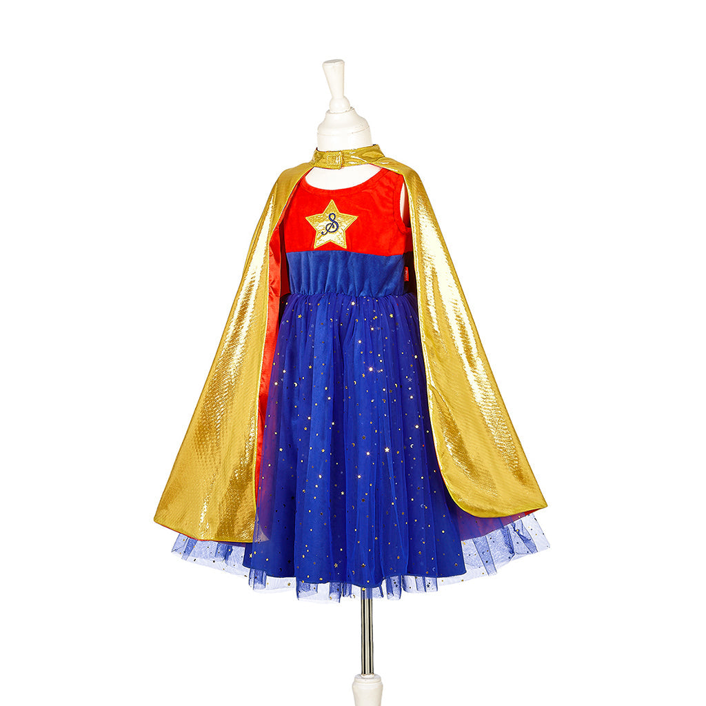 Souza Super hero girl heltekostume med rød top, blå kjole og guldkappe