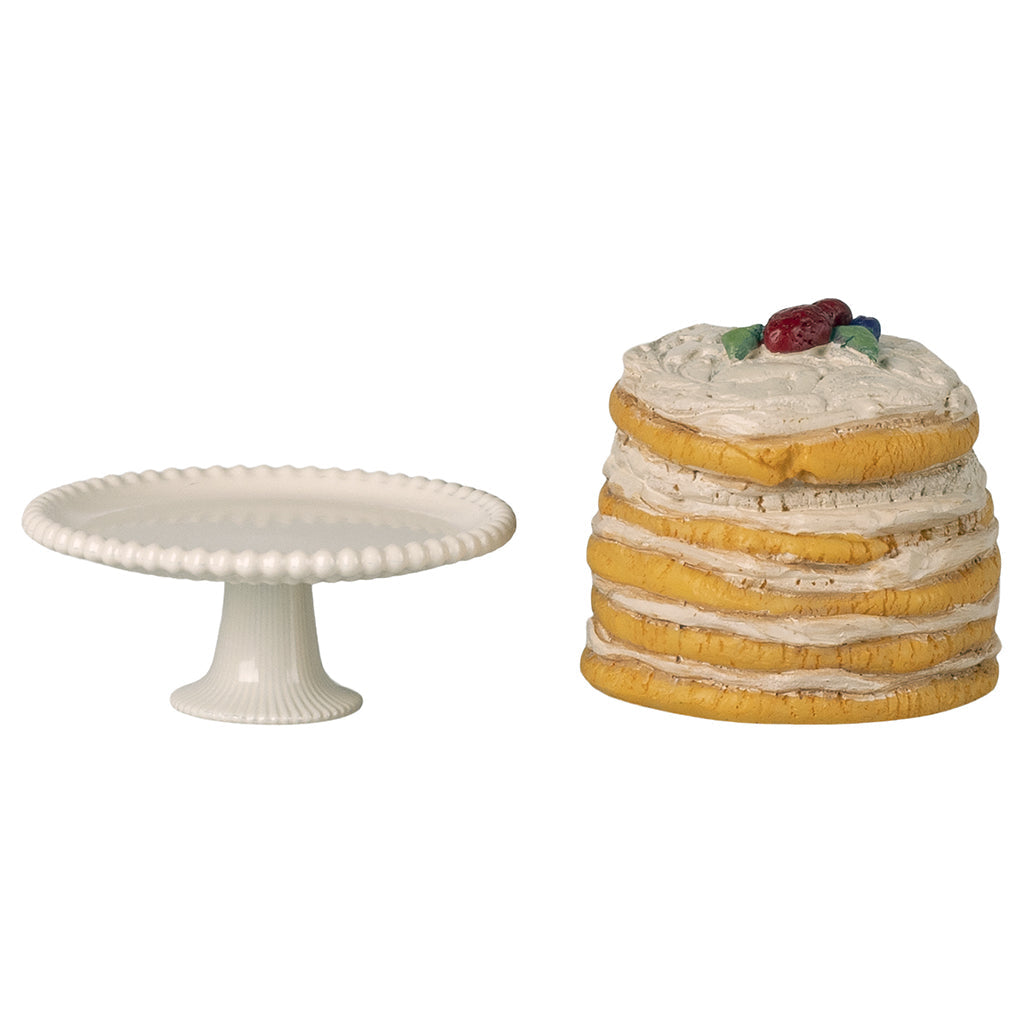 Maileg tilbehør til mus, Party kake og kakefat - Off-white