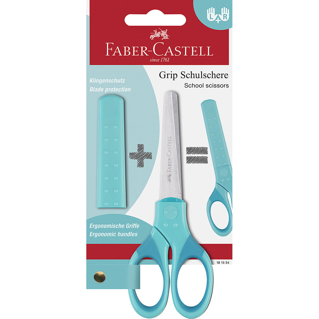 Faber-Castell børnesaks i turkis med etui, egnet til højre og venstre hånd.