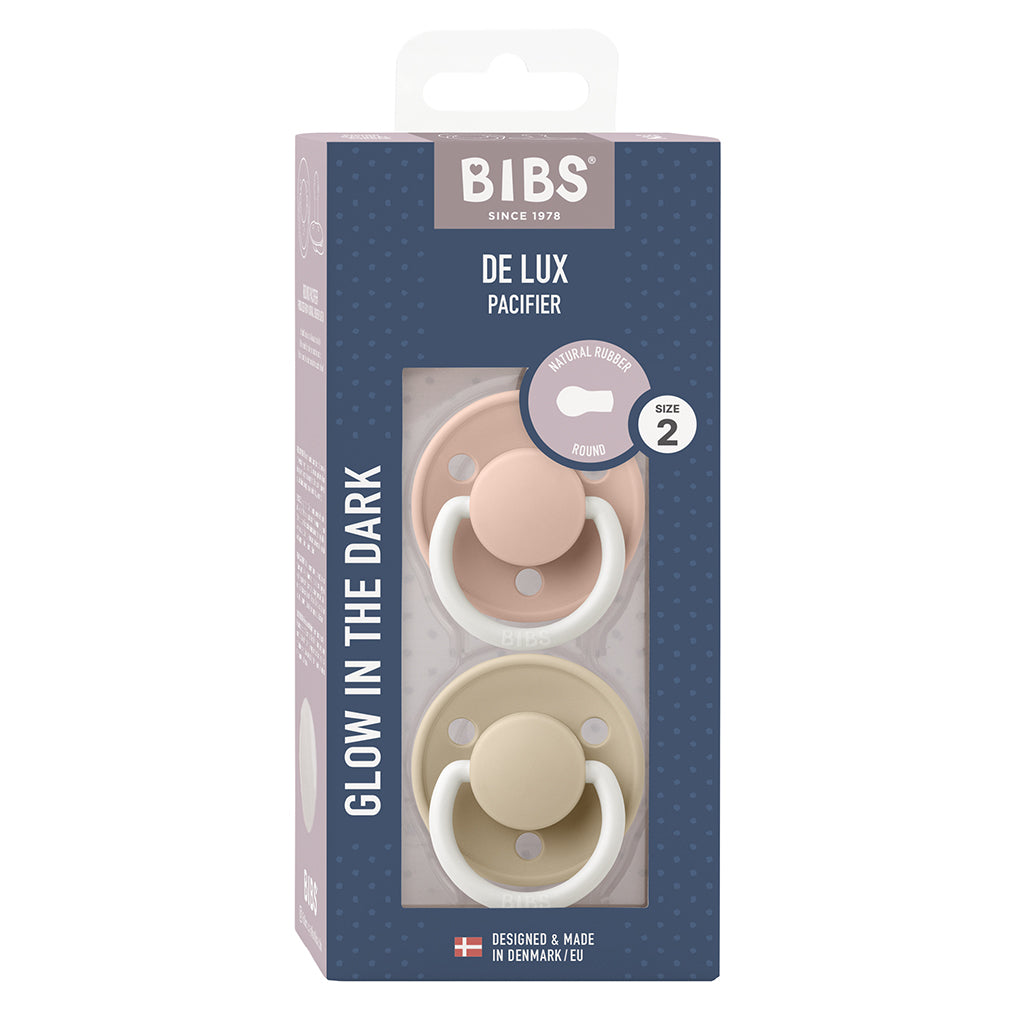 Bibs De Lux 2-pakning, smokk i lateks, str. 2, Blush GLOW/Vanilla GLOW
