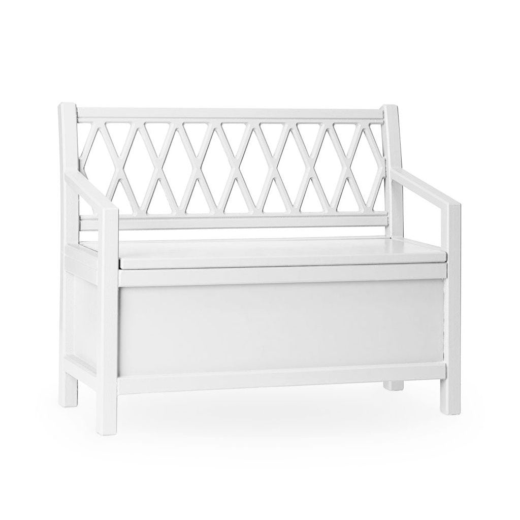 Cam Cam bænk, Harlequin Kids storage bench – hvid. Fin lille slagbænk med opbevaring under sædet. fremstillet i 100% FSC certificeret birketræ og ryglænet er skåret i harlekinmønster.