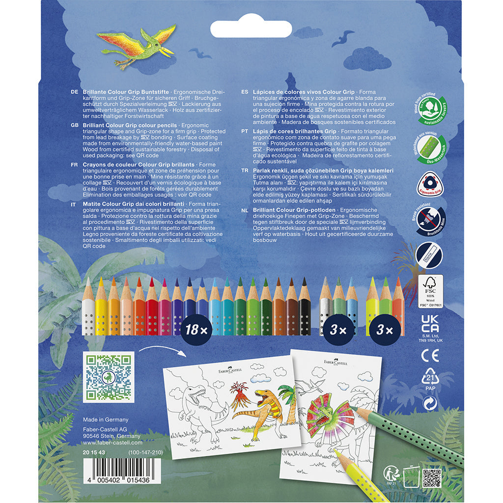 Faber-Castell 18+6 Grip akvarellfargeblyanter + klistremerker, Dinosaur