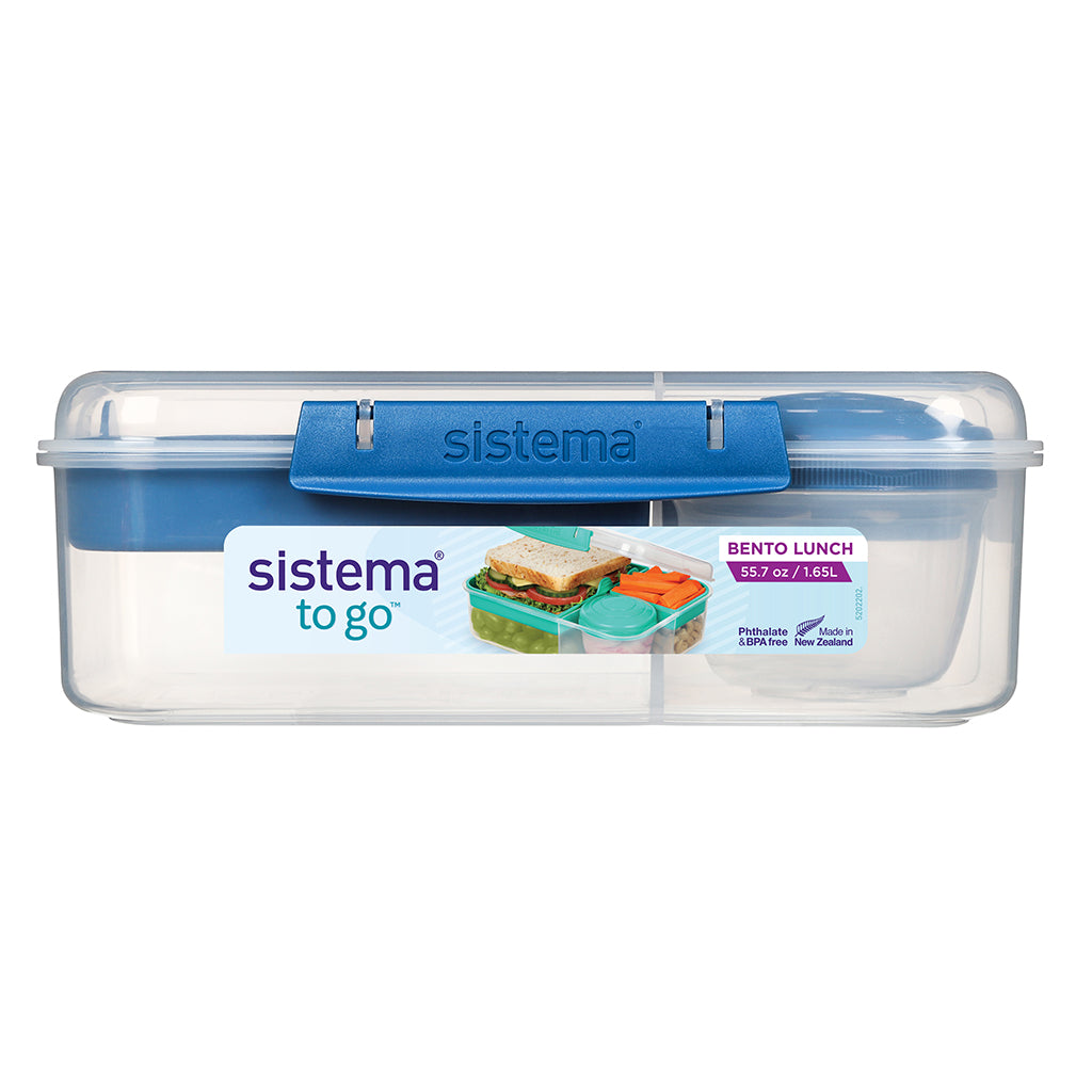 Sistema Bento Lunch matboks med 3 rom og en yoghurtbeger, 1,65L - Blå