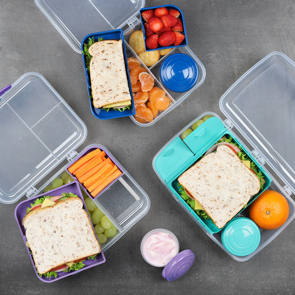 Sistema Bento Lunch matboks med 3 rom og en yoghurtbeger, 1,65L - Blå
