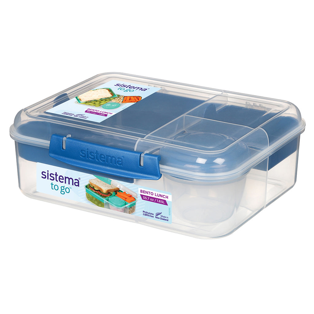 Sistema Bento Lunch madkasse med 3 rum og yoghurtbæger, 1.65L, blå