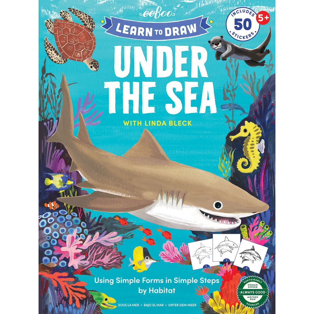 Billed af eeBoo Lær at tegne, Under the Sea tegnehæfte med hajer og koralrev