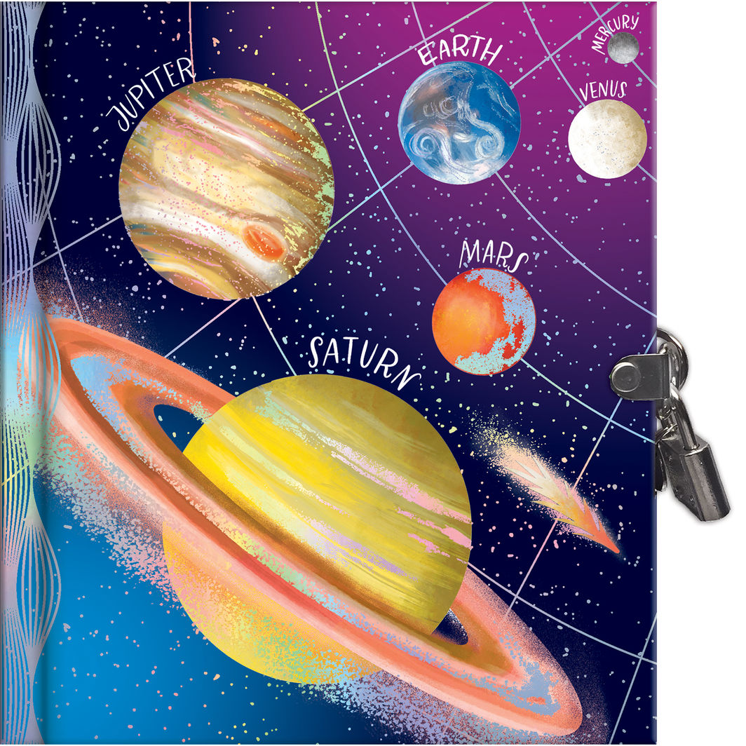 eeBoo dagbog med lås, cover viser planeter i rummet