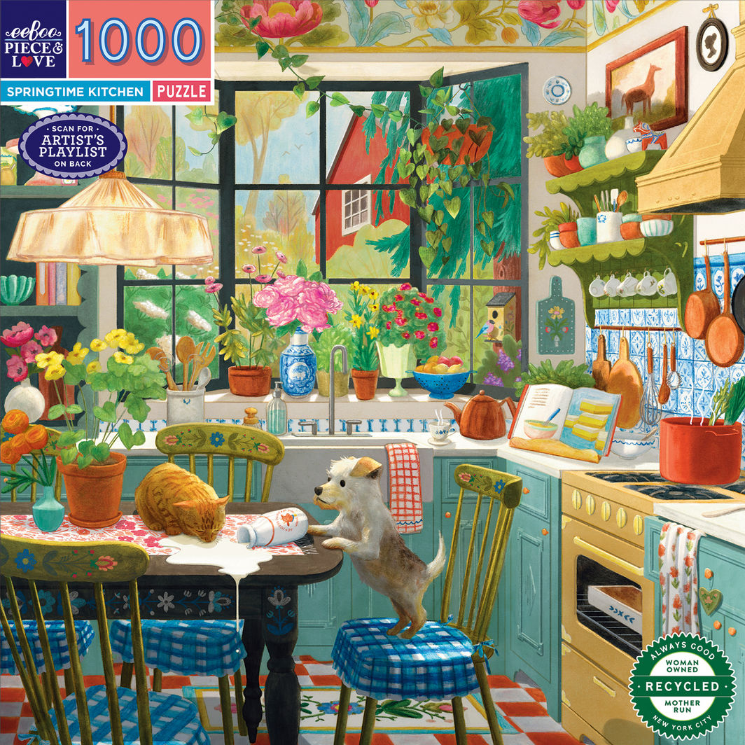 eeBoo puslespil 1000 brikker, Springtime Kitchen nær blomster og vindue