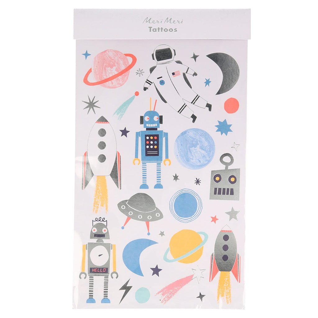 Meri Meri tatoveringer, Space, nærbillede af produktpakke med rumtema motiver