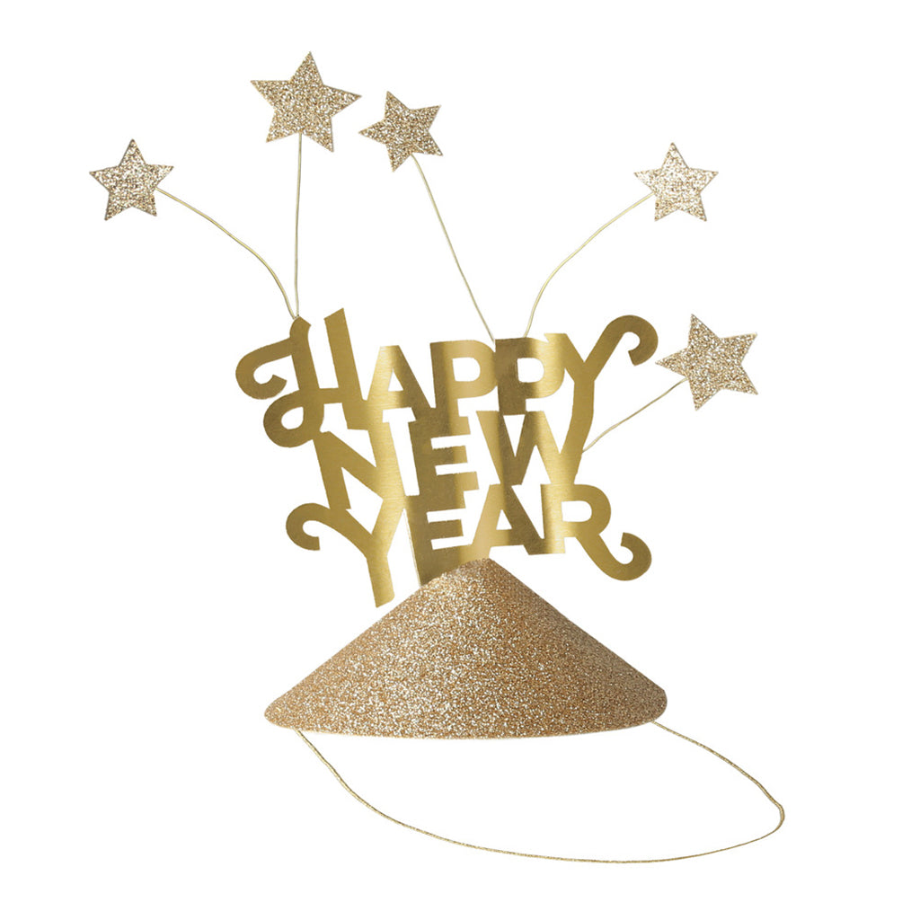Meri Meri festhatte med guld glimmer og Happy New Year-tekst