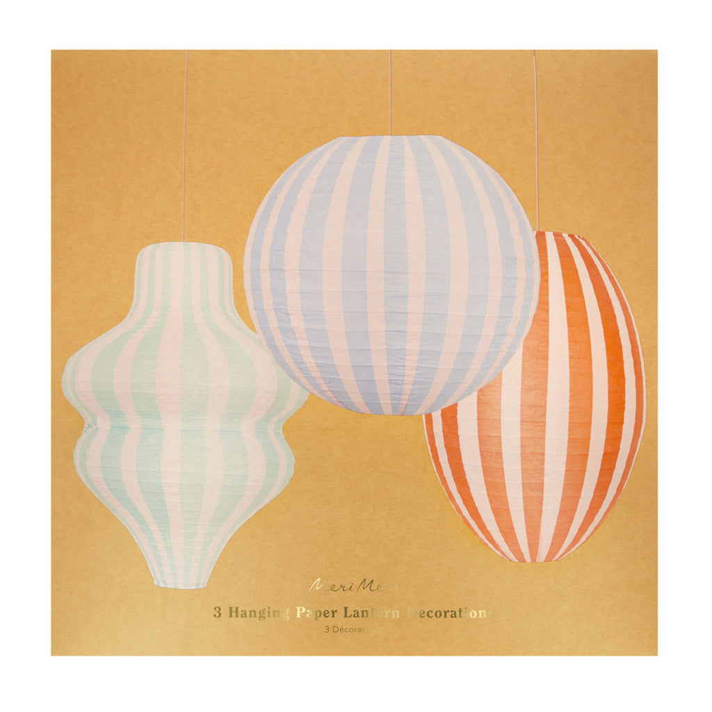 Meri Meri lanterne i rispapir, Stripy lanterns, 3-pakning - UTEN LYSKILDE