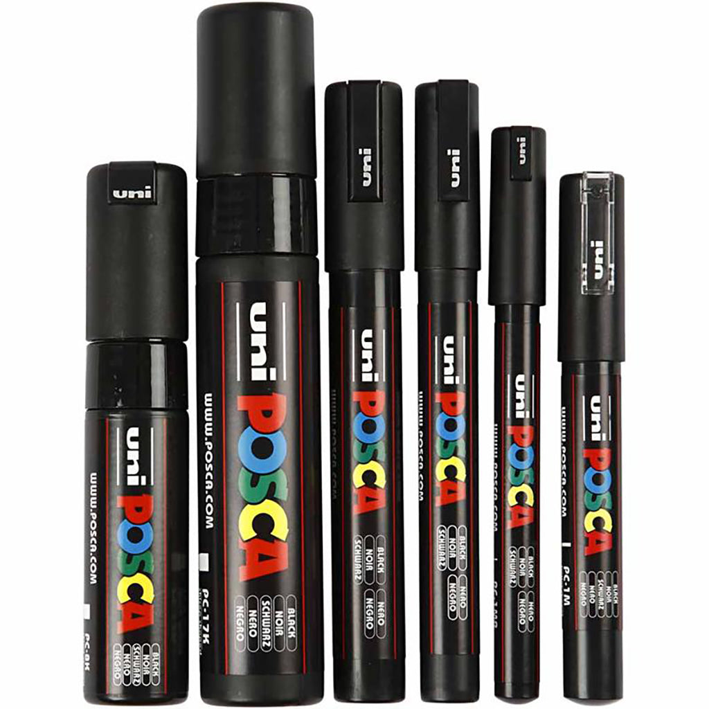Posca tuscher, 6 stk., forskellige størrelser, sorte