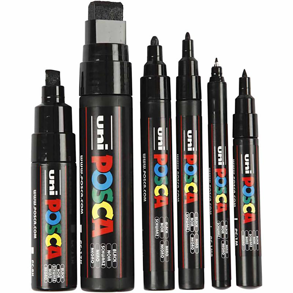 Posca Tusjer, 6 stk. Strek fra 0.7-15 mm - Svart