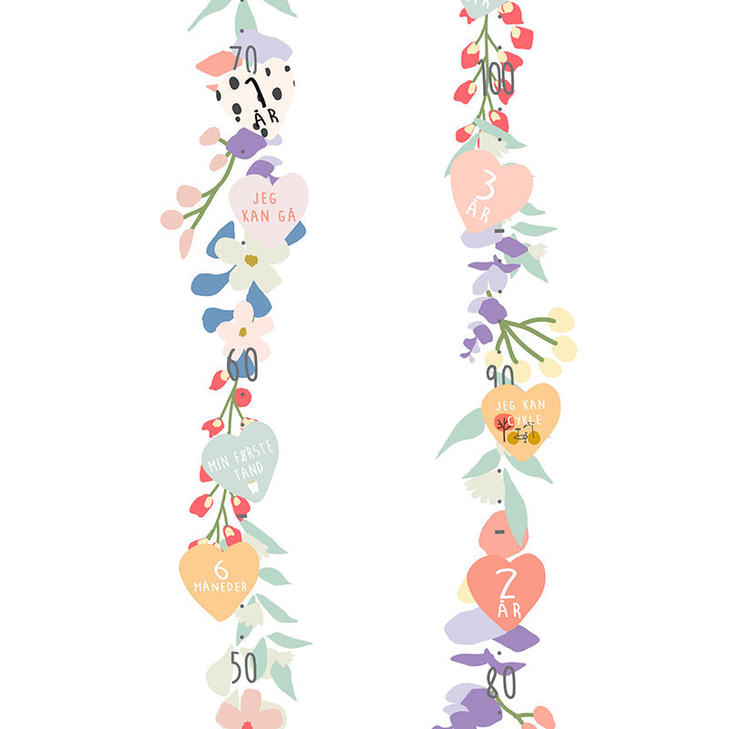 Mimi Lou veggklistremerke, høydemåler med merkedager - Vårblomster og med dansk tekst