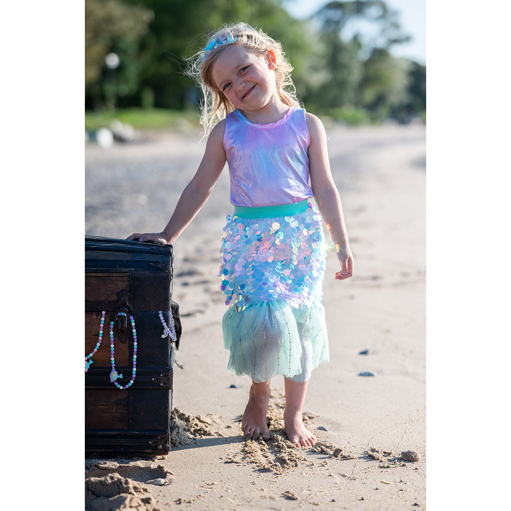 Great Pretenders utkledningsklær, Bling Bling Havfrue skjørt og hårklips, mint - Str. 4-6 år