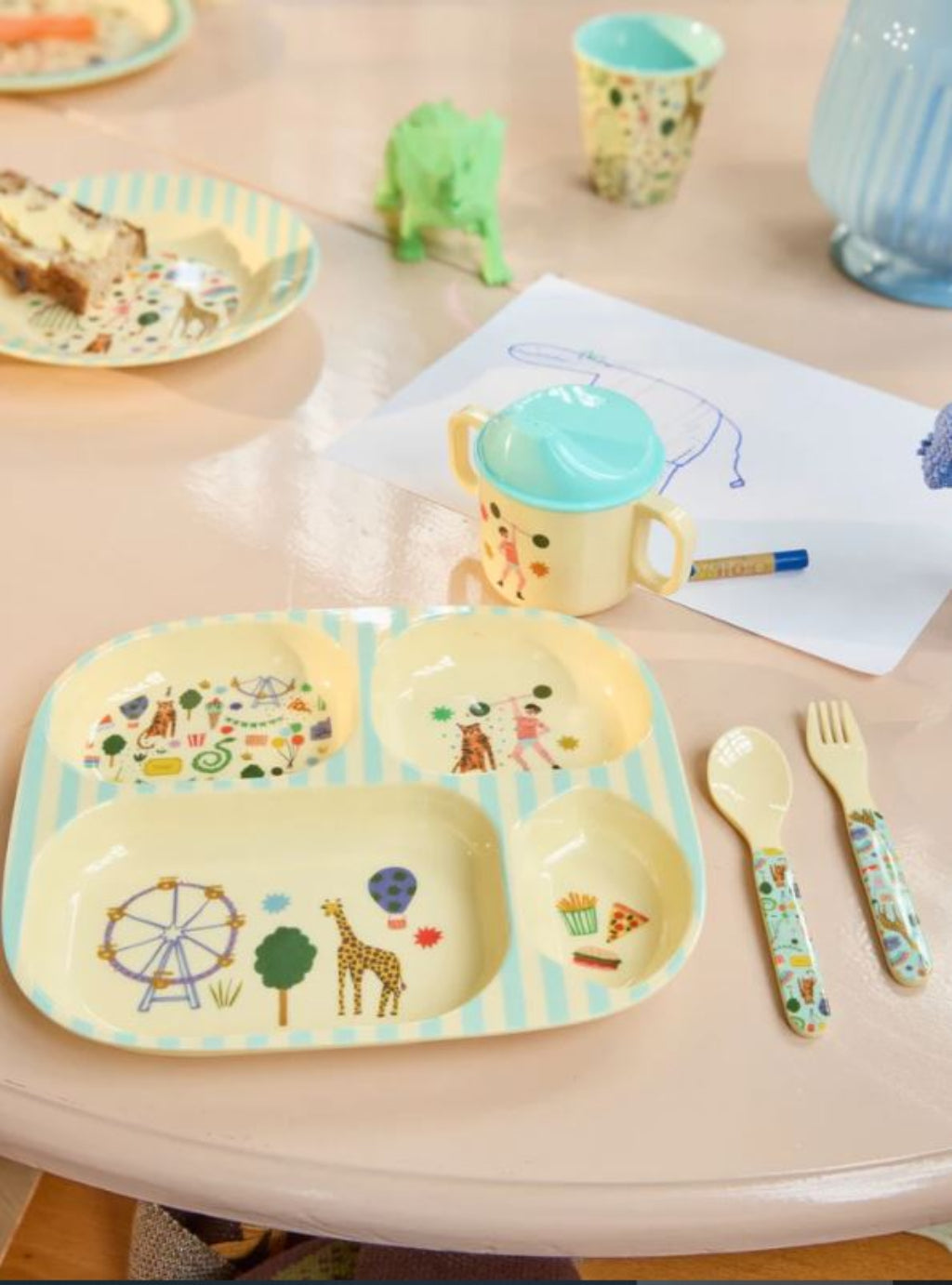 Rice babyske og gaffel i melamin, Mint - Fun Fair Print