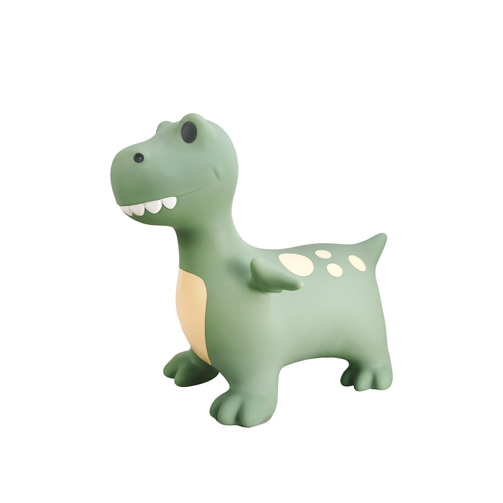 Grøn hoppedyr dinosaur med hvide pletter mod en hvid baggrund.