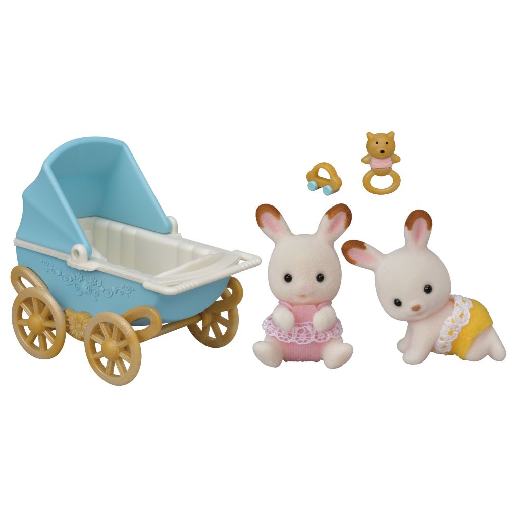 Sylvanian Families tvillinge chokoladekaniner med blå barnevogn og tilbehør
