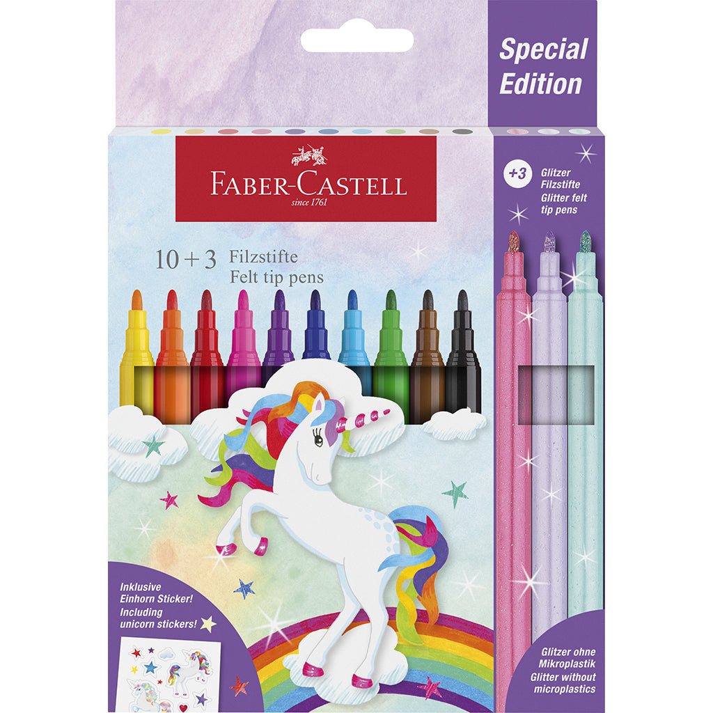 Faber-Castell 10+3 filttuscher og klistermærker med enhjørningetema