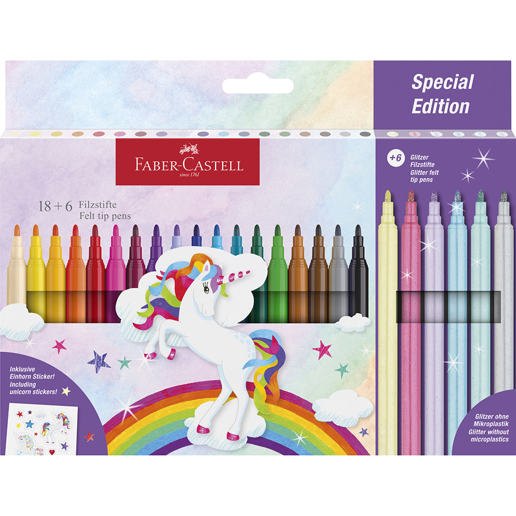 Faber-Castell 18+6 filt tuscher og klistermærker, Unicorn-tema.
