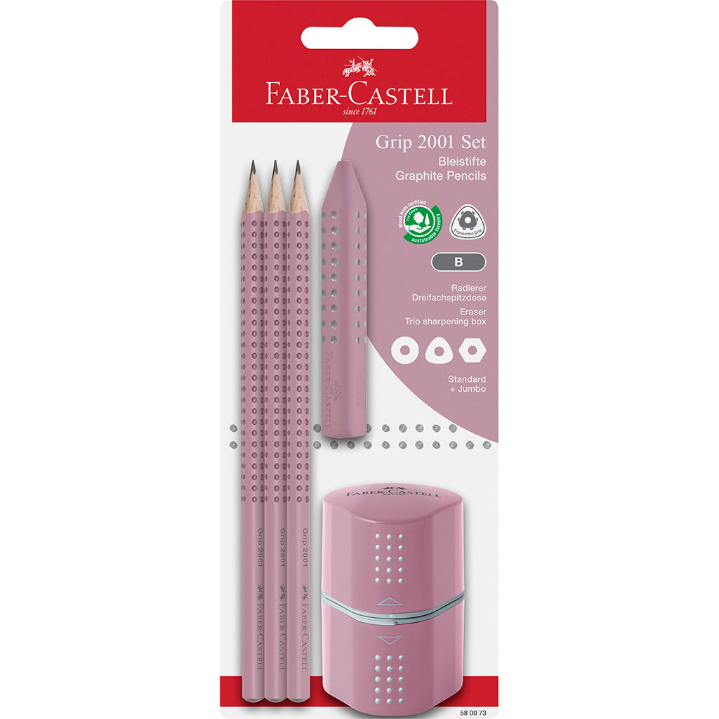 Faber-Castell Grip sæt 3-i-1 Rose Shadows, blyanter, viskelæder og blyantspidser