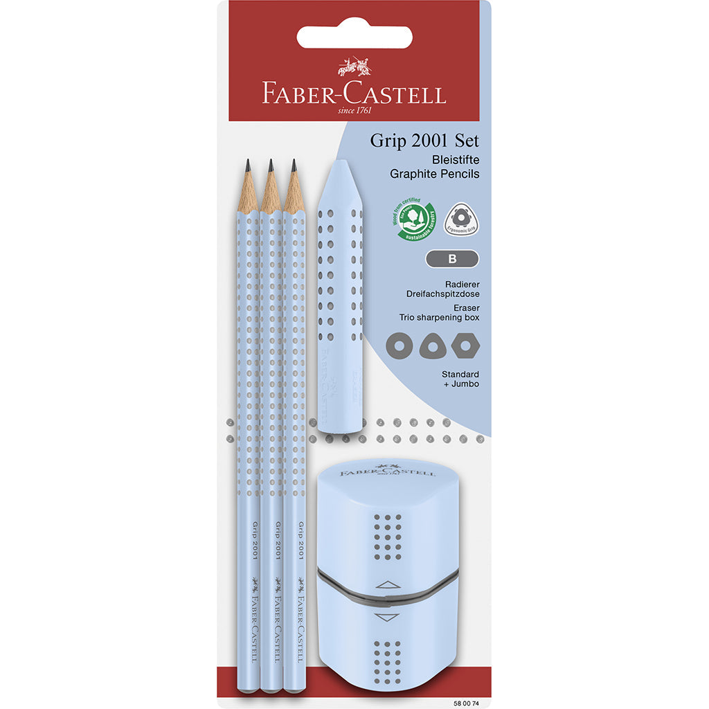 Faber-Castell Grip sæt 3-i-1, sky blue blyant, viskelæder, blyantspidser