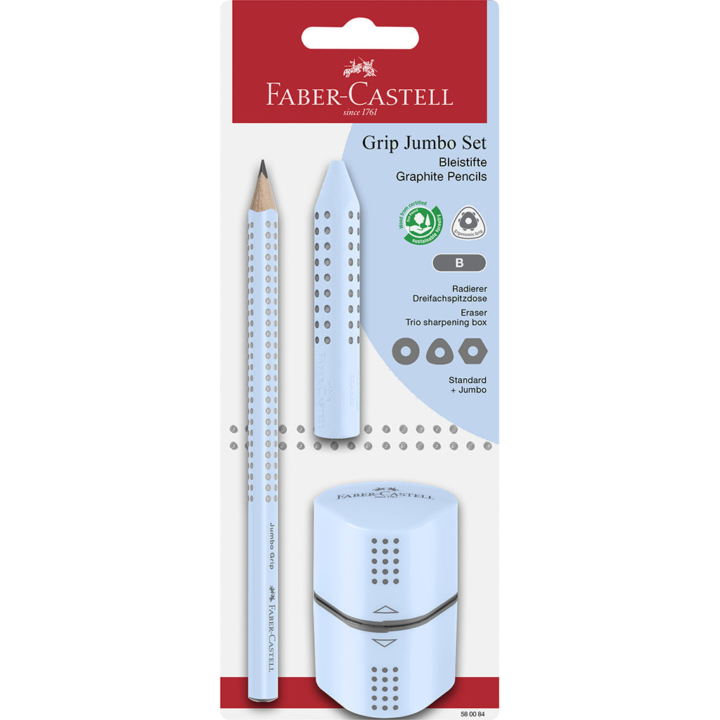 Faber-Castell 3-i-1 Jumbo Grip sæt, Sky blue med blyant viskelæder blyantspidser