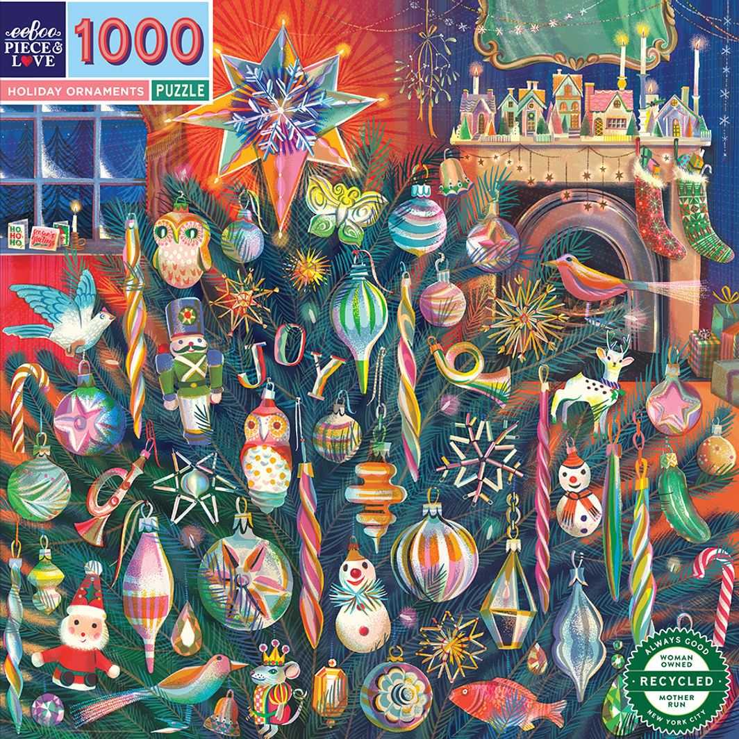 eeBoo puslespil 1000 brikker Holiday Ornaments julepynt farverig illustration