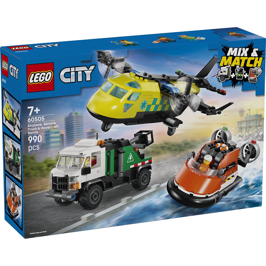 LEGO City Remix fly, servicevogn og luftpudebåd, æskevisning, byggesæt 60505