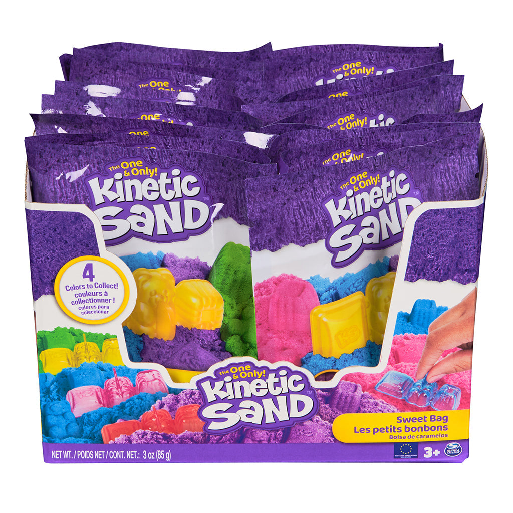 Kinetic Sand Candy Bag med 85g sand og form i fire farver
