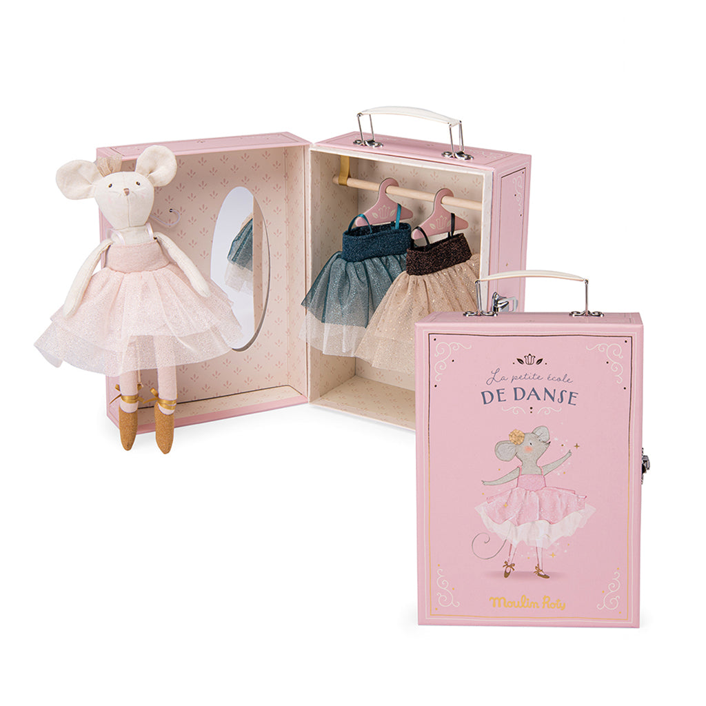 Moulin Roty dukke, ballerina-mus i koffert, 26 cm - Suzies garderobe