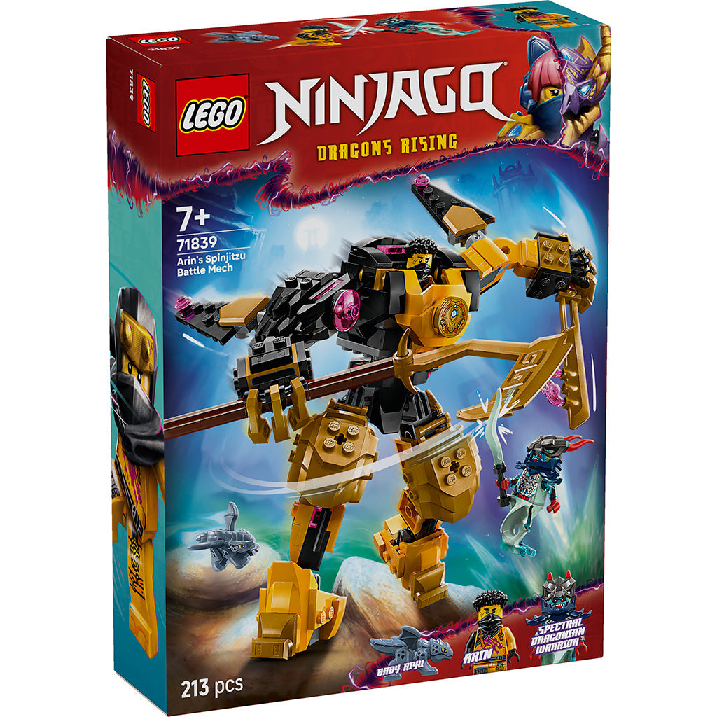 LEGO Ninjago Arins Spinjitzu-kamprobot legetøjssæt kassefront med karakterer