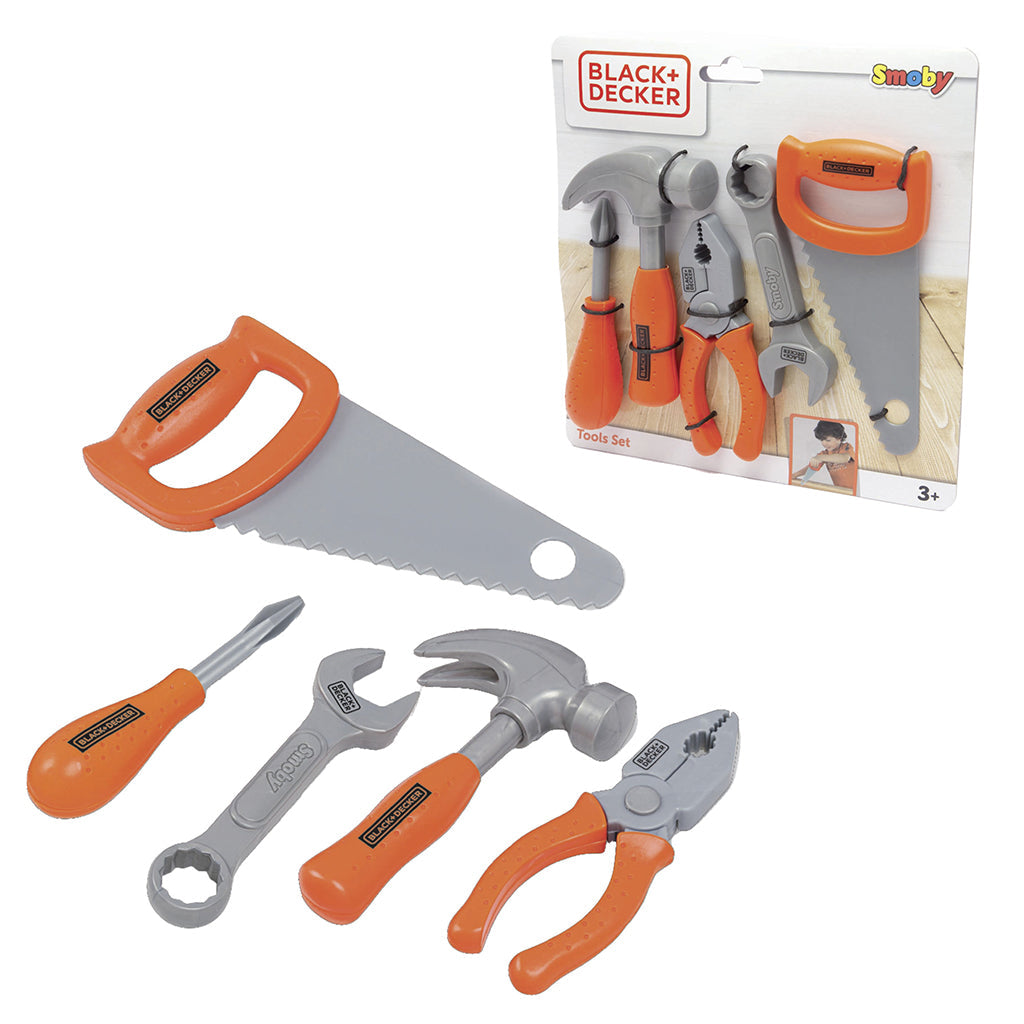 Black & Decker værktøjssæt legetøj 5 dele med hammer, sav, skruetrækker, tang, skruenøgle