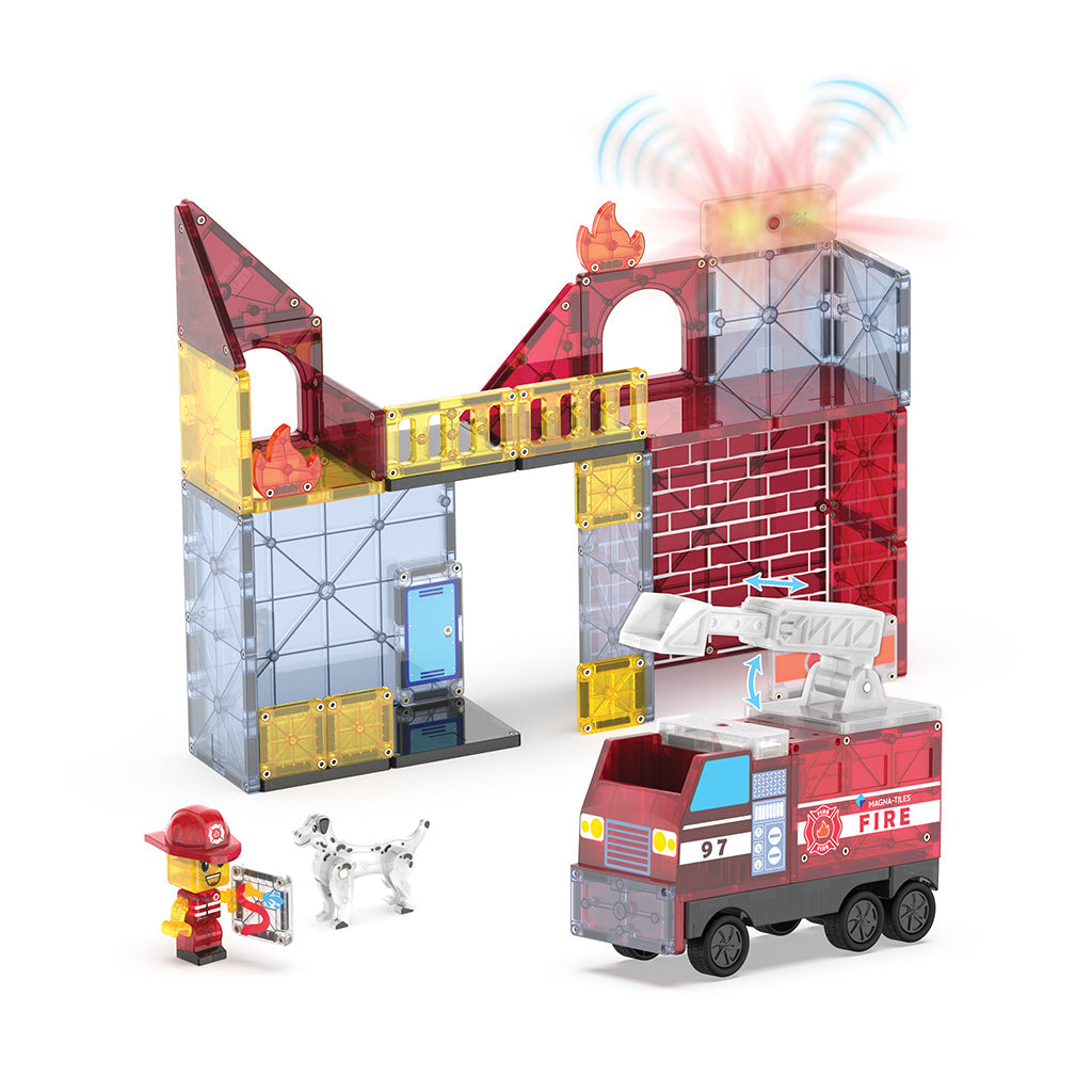 Magna-Tiles Magnetisk byggesett, Brannstasjon med lys og lyd - 50 deler