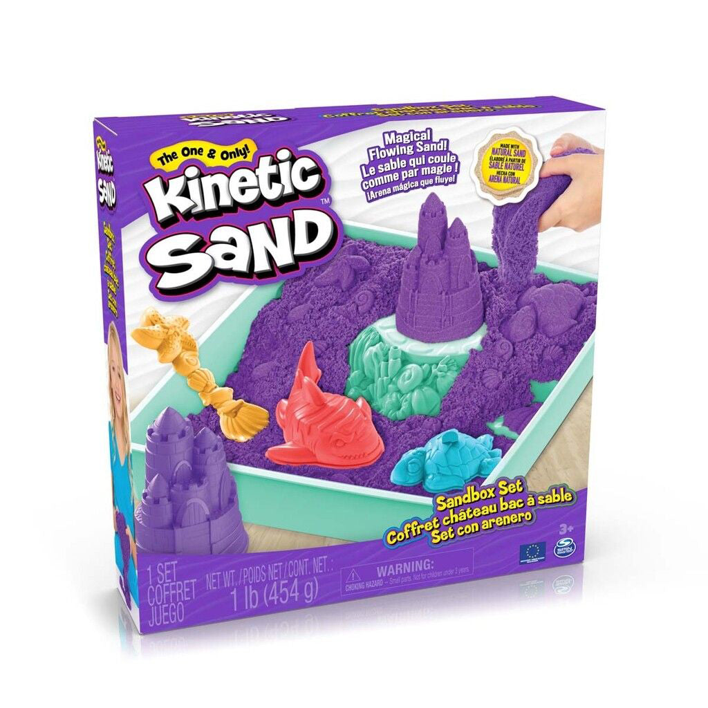 Kinetic Sand Sandbox sæt lilla farve med værktøj og sandkassebakke.